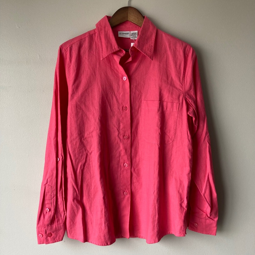 Womens Pink Linen Cotton Blend Button Down Shirt Long Sleeve Medium NWT